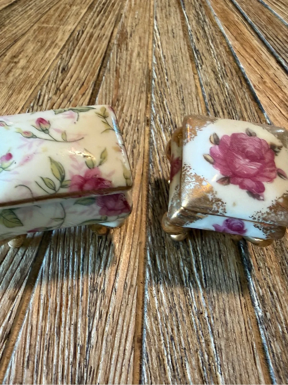 Pair Vintage Mini Porcelain Footed Trinket Boxes Pink Rose Floral Gold ring box